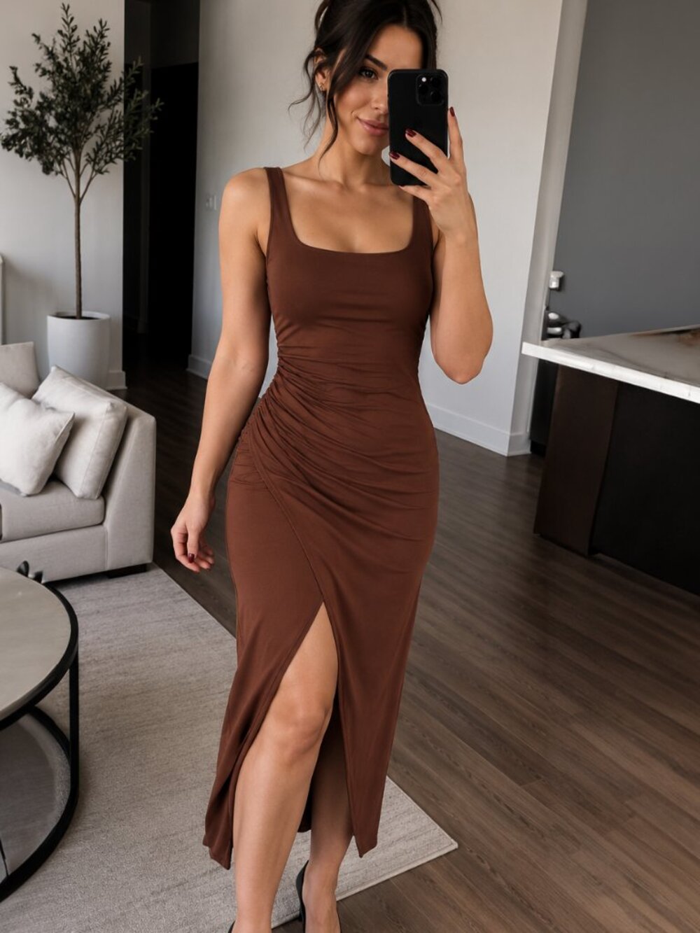 Liz & Sara Brown Ruched Midi Dress Side Slit Size L